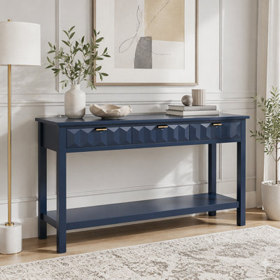 Table d'entrée 58,3 po en placage de sapin avec façades en nid d'abeille, console moderne élégante à 3 tiroirs et pieds en sapin massif