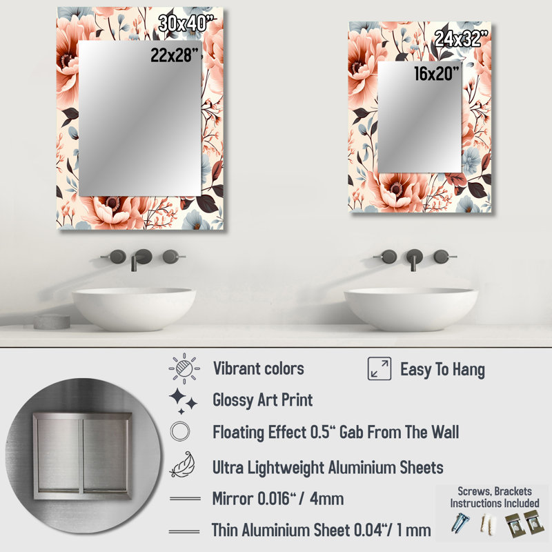 Bartelso rétro nostalgie rose floral fantaisie - miroir mural décoratif floral, grand miroir floral, art imprimé en métal