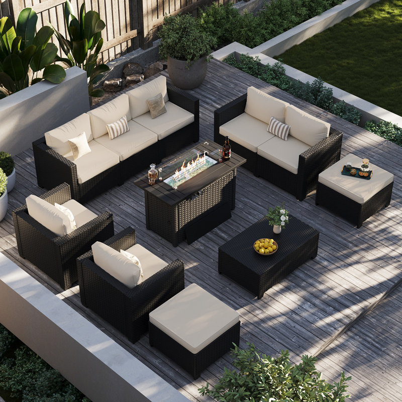 8-Piece Outdoor Wicker Sectional Sofa Set With Fire Pit Table, Ottomans & Storage Table, All-Weather Patio Conversation Set For Backyard, Garden & Poolside