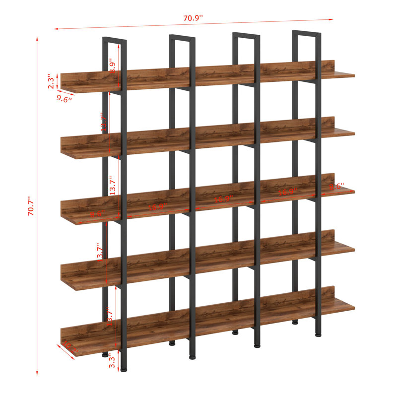 5 Tier Bookcase With Metal Frame, Open Book Display Shelf, Brown