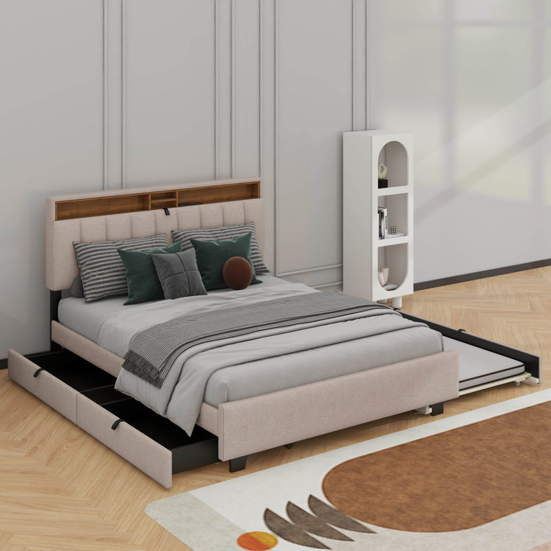 Grand lit plateforme tapissier avec tête de lit, gigogne et 2 tiroirs, Beige