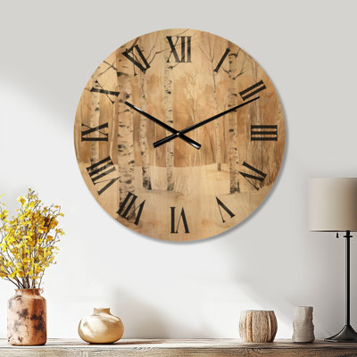 Forêt de bouleaux d'hiver - Horloge murale scandinave surdimensionnée en bois crème