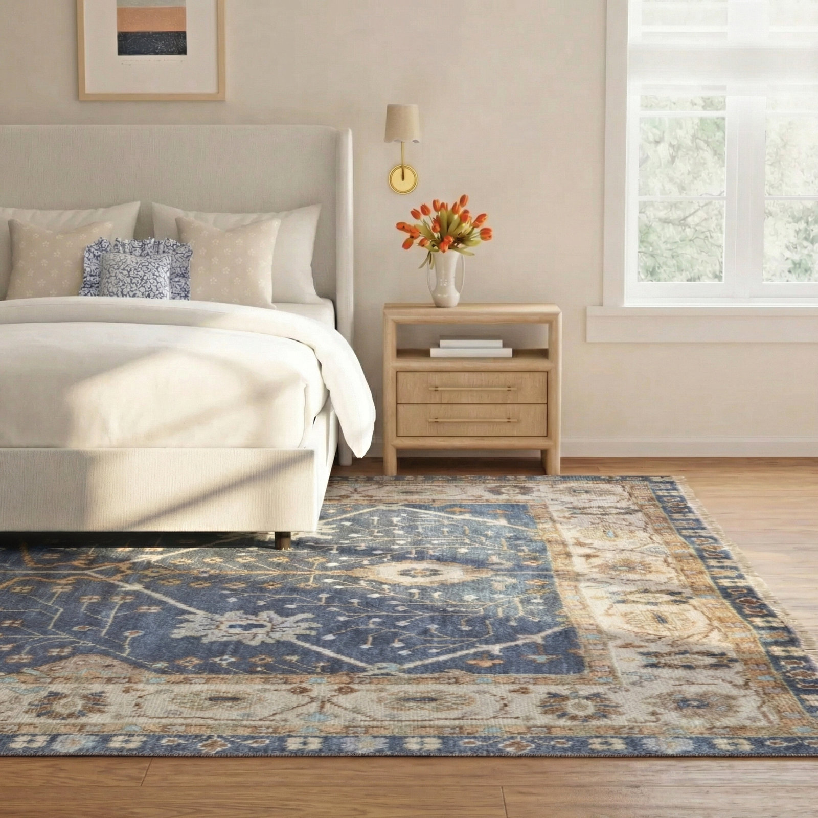 Mccombs Dark Blue Hand-Knotted Wool Oriental Rug, Rectangle 10' x 14'
