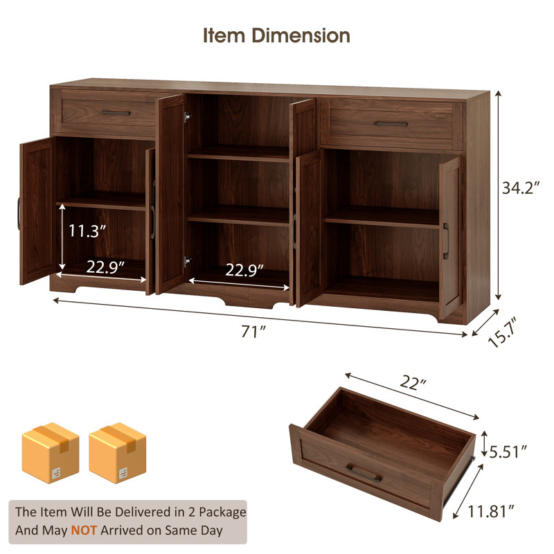 71" Farmhouse Sideboard Buffet Cabinet with Storage, Large Kittchen Credenza with 2 Drawers & 6 Doors, Modern Wooden Coffee Bar Cabinet for Kitchen Dining Room & Living Room, Dark Brown