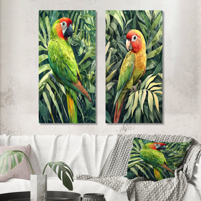 Feather And Parrot In The Tropics I - Animals Canvas Art 2 Panels