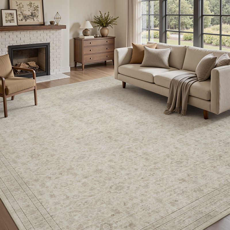 Beige Vintage-Inspired Washable Non-Slip Area Rug For Living Room, Bedroom, Rectangle 5' x 7', Beige
