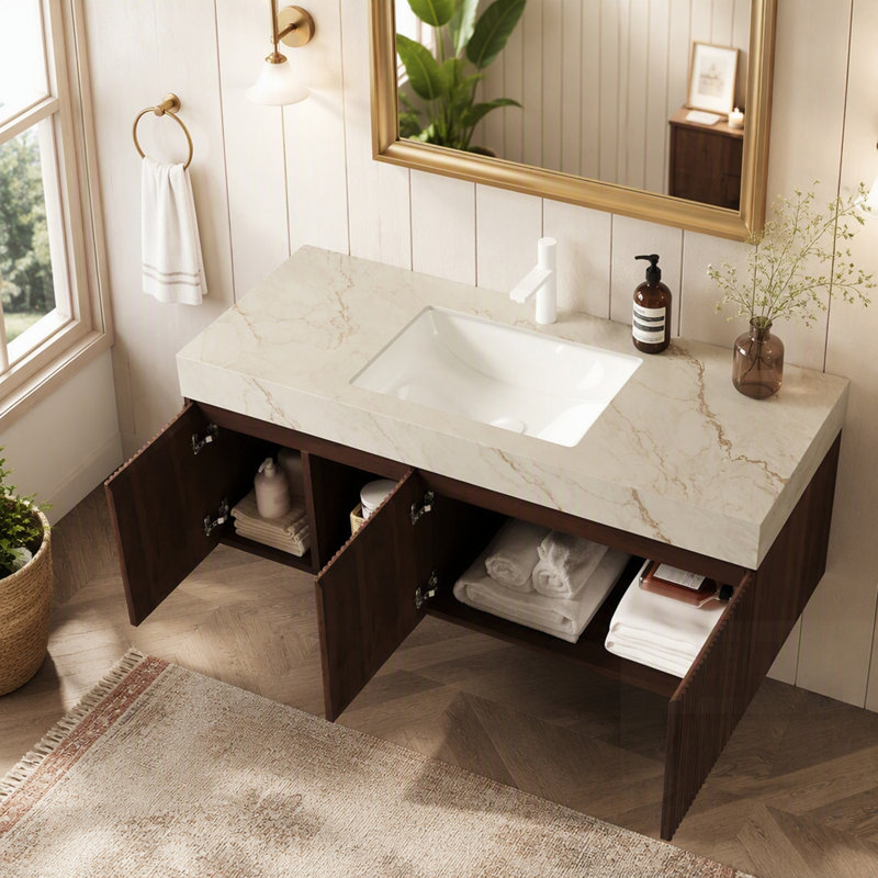 Meuble-lavabo avec lavabo suspendu, comptoir en pierre frittée veinée et lavabo en céramique., 1, 48", Beige et or