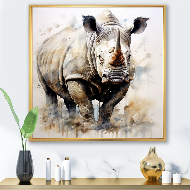 Wild Rhinoceros V - animaux, art mural sur toile, H 30 po x l 30 po x P 1 po, Cadre flottant doré