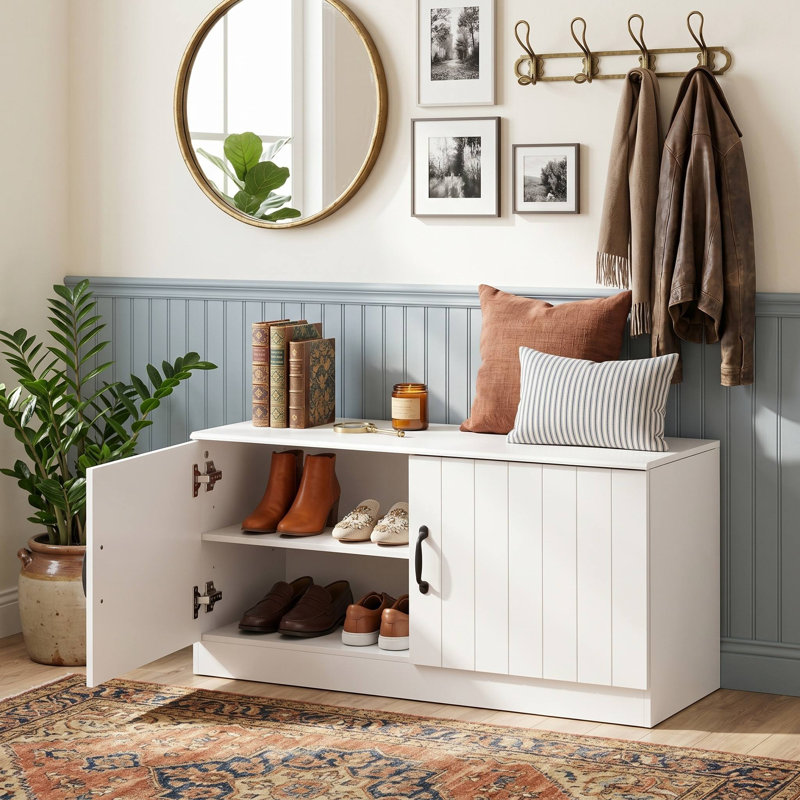 2-Door Padded Shoe Storage Bench Cabinet, Adjustable Interior Shelves & Smooth Silent Hinges, Anti-Tip Design Suitable For Entryway