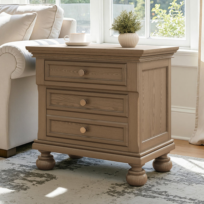 Table de chevet 26 po en bois massif classique à 2 tiroirs avec pieds à colonnes romaines, assemblage minimal requis, brun clair
