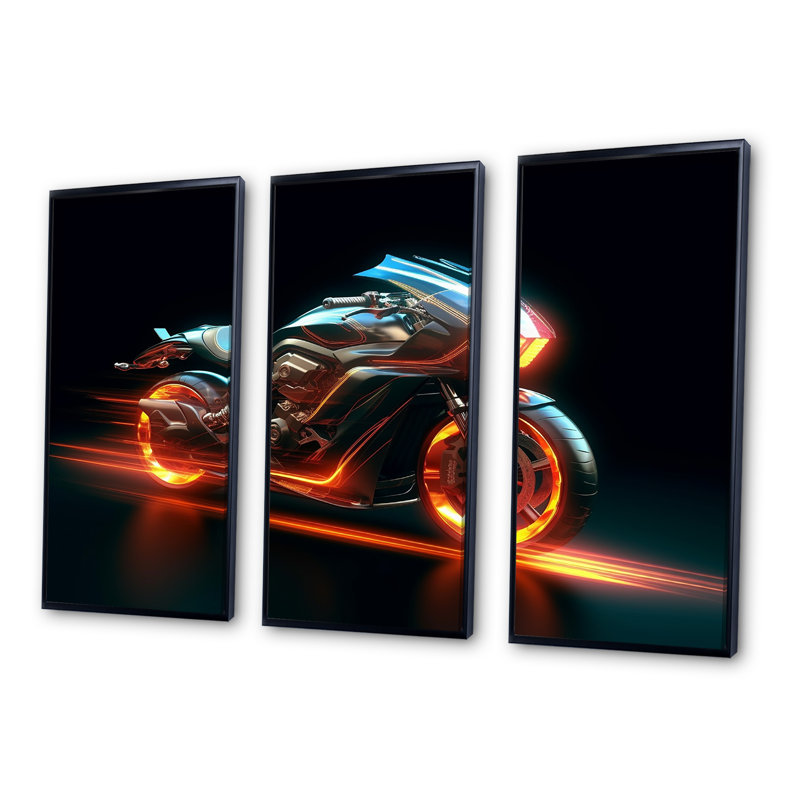 «Neon Light Strips Around Silver Moto I - Car / Van», ensemble d'art sur toile, H 28 po x l 36 po x P 1 po