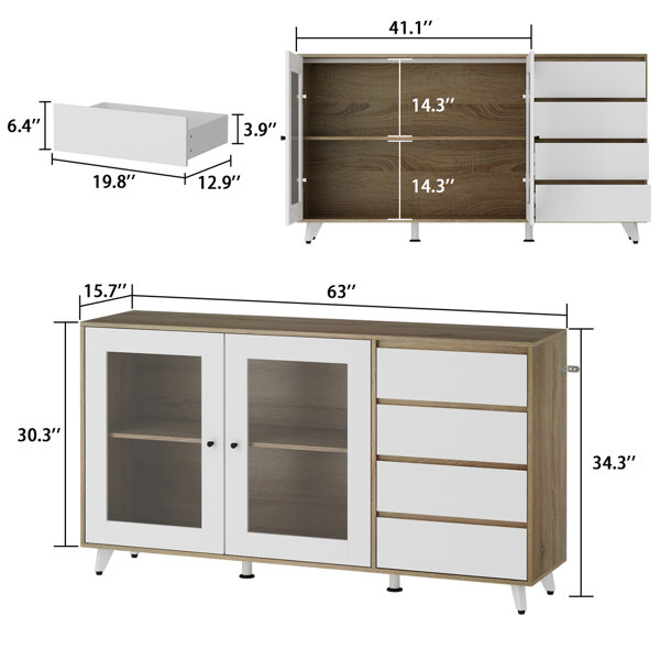 Corrigan Studio Arlia Kitchen Storage Cabinet Sideboard with 2 Glass Sliding Doors and with 4 Drawers, Accent Console Table for Kitchen Dining Living Room Hallway Off