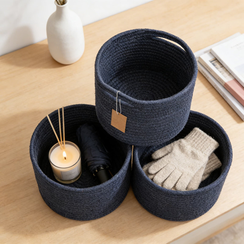 Hand-Woven Cotton Rope Storage Baskets, Round Decorative Organizer Bins With Reinforced Handles For Home, Shelf, Desk, Toy, And Gift Use