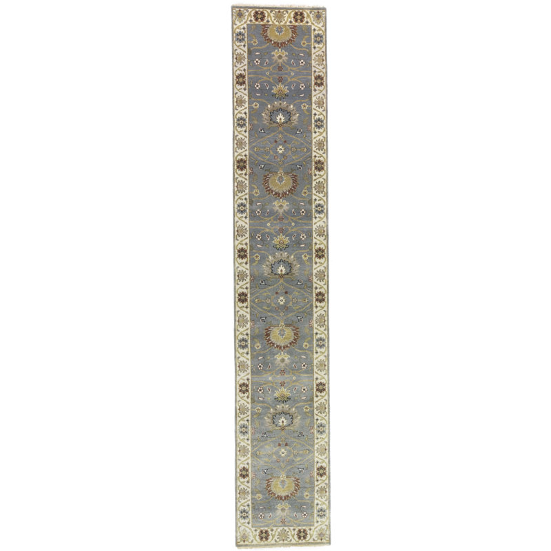 Tapis de couloir bleu en laine noué à la main à motif floral 2 pi 5 po x 13 pi 9 po Jhanet
