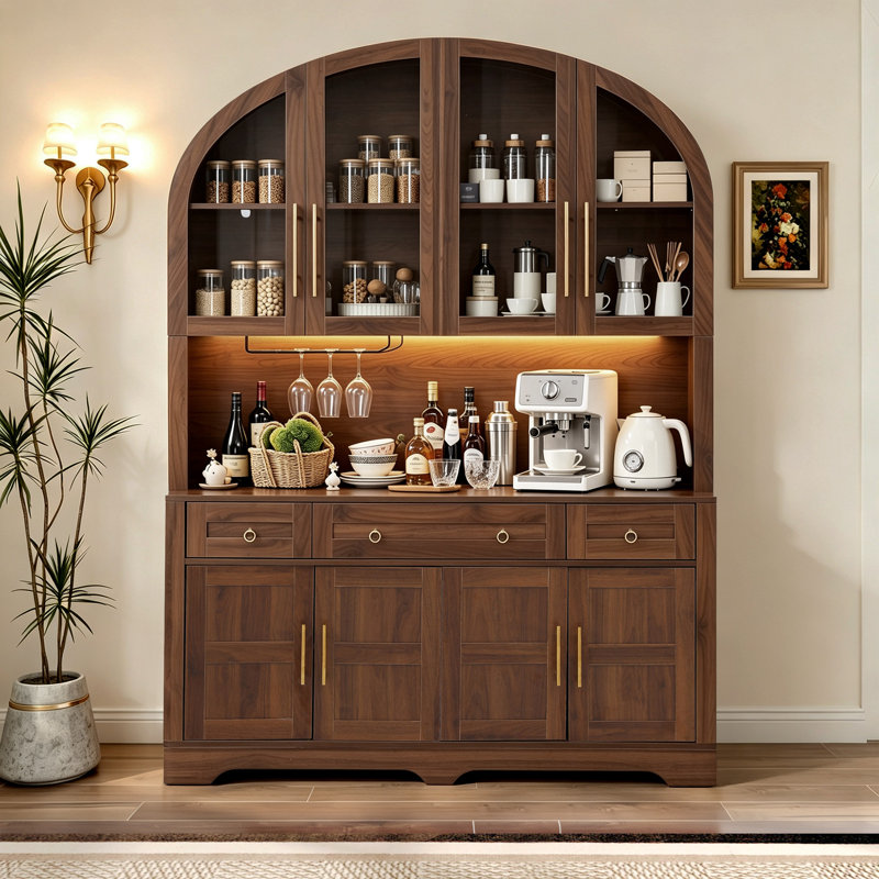 Armoire de rangement de 75,8 po de haut avec garde-manger arqué avec tiroirs et portes de grange, Brown