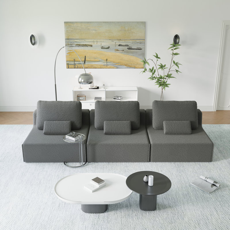 Canapé modulaire rembourré avec coussins lombaires Huxley, Tissu gris, Trois places