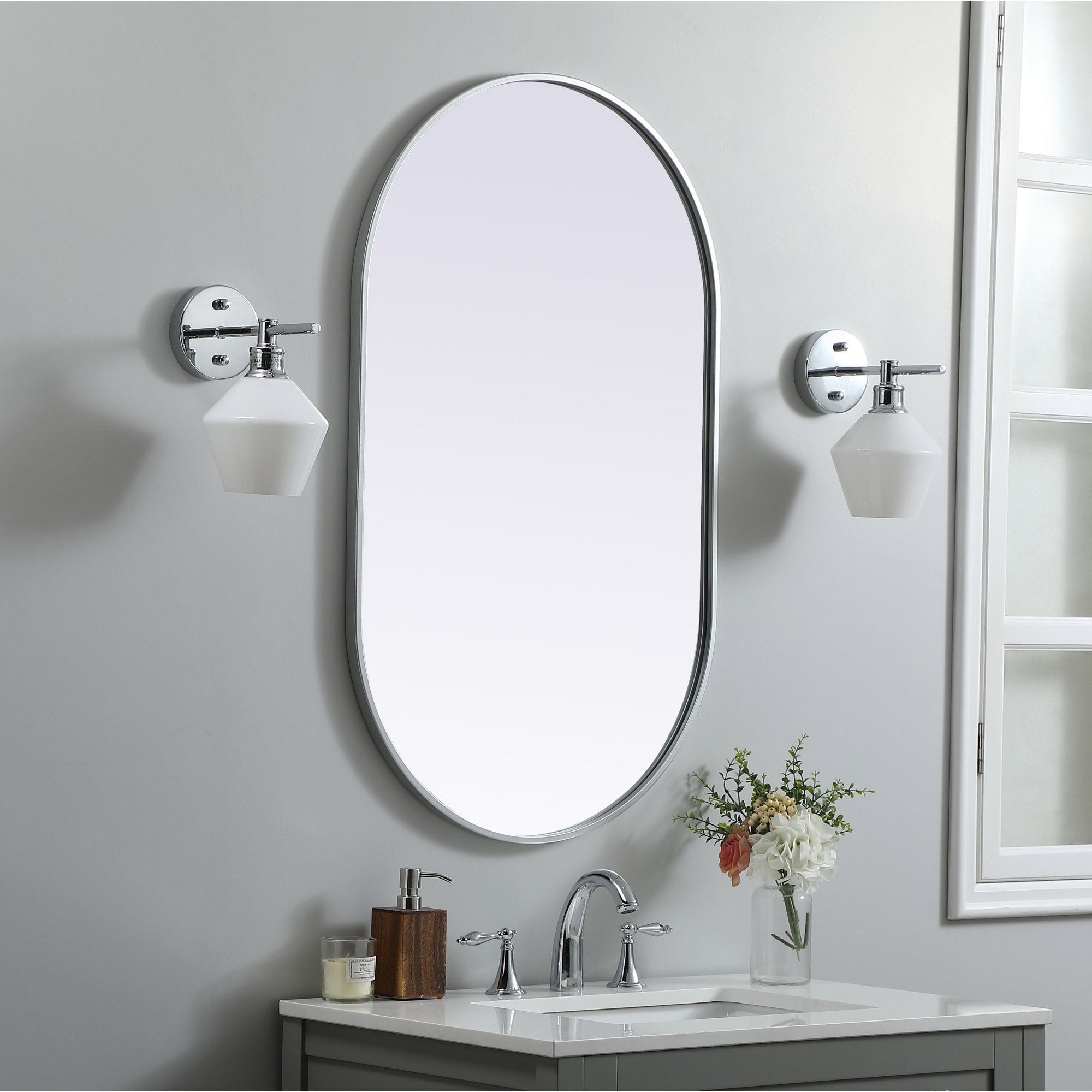 Sabine Metal Pill Wall Mirror, 40" x 24", Silver