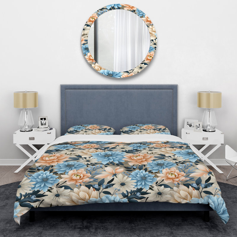 Ensemble de housse de couette à motif floral vichy bleu et beige, Housse de couette pour très grand lit et 2 très