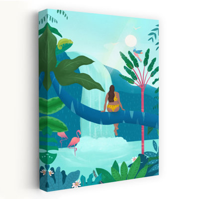 Jungle Girl Abstract Palm Tree Bird Flamingo Forest Landscape Wall Art Print