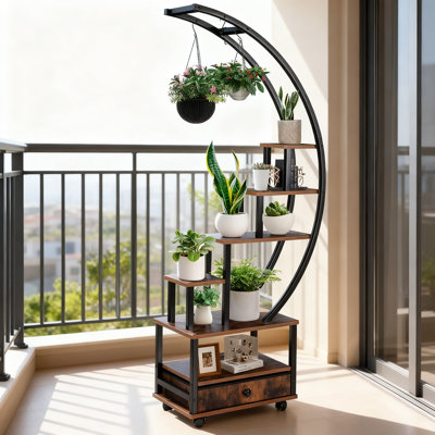 Support à plantes à 7 niveaux avec roues verrouillables et tiroir de rangement, tablette d'intérieur de 71 pouces de hauteur pour plantes multiples, comprenant des outils de jardinage et un tapis de rempotage pour le patio