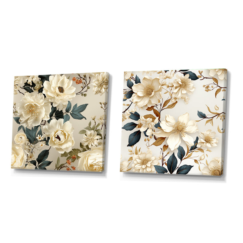 Anjou délicat d'inspiration botanique - ensemble de collage carré floral de 2, Toile tendue, H 16 po x l 33 po