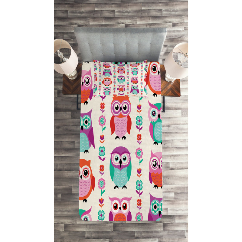Colorful Owl Print Twin Polyester Bedspread Set