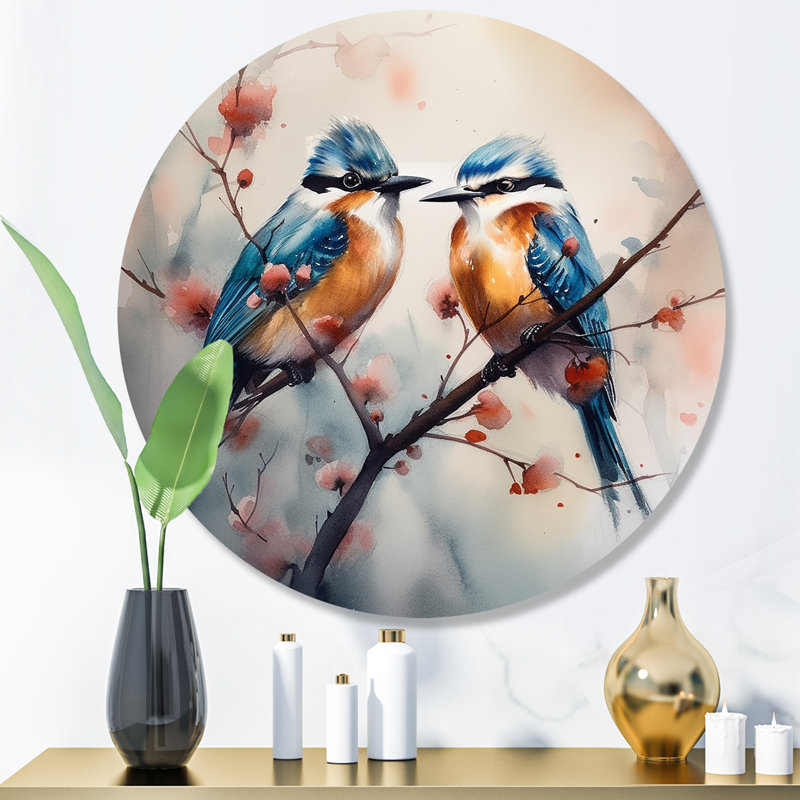 Oiseaux bleus assis sur une branche d'arbre II, H 29 po x l 29 po x P 1 po