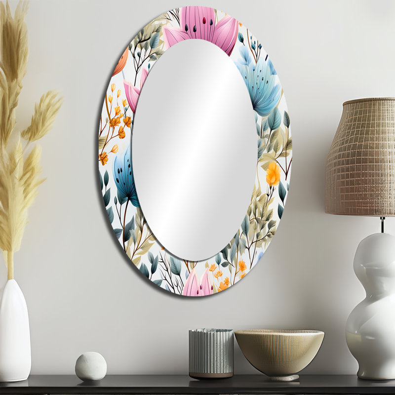 Motif botanique aquarelle à feuillage bleu - miroir mural ovale bleu, H 36 po x l 24 po