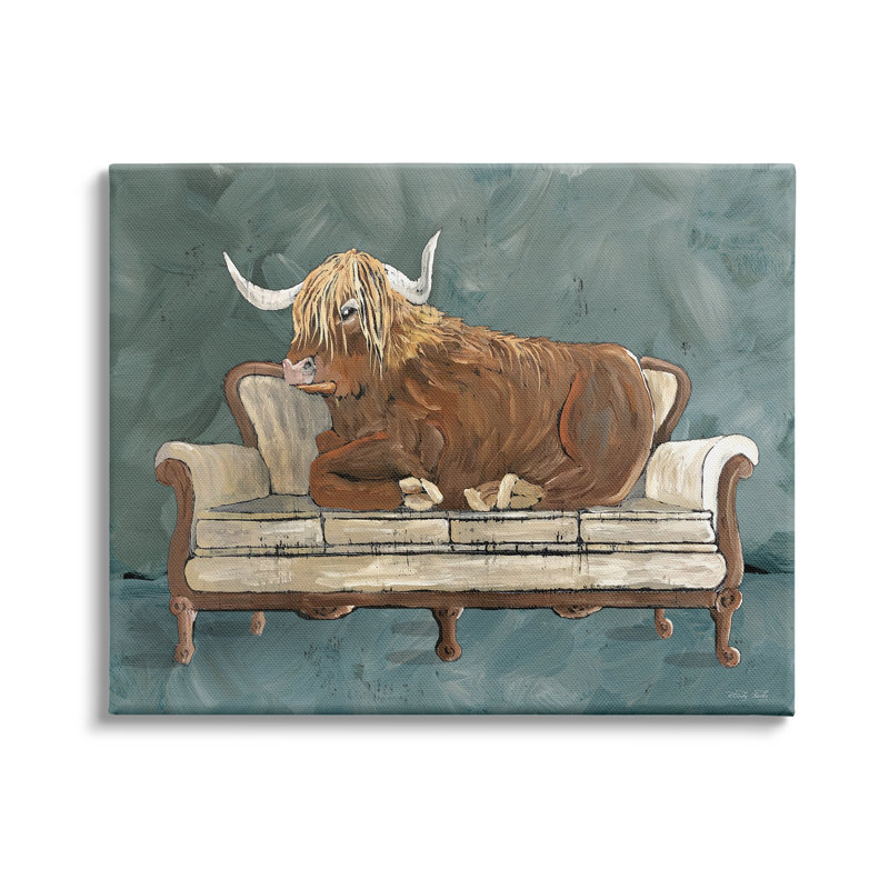 «Shaggy Bovins» au repos, canapé de salon, art mural surdimensionné vert gris par Cindy Jacobs, H 13 po x l 19 po x P 0,5 po
