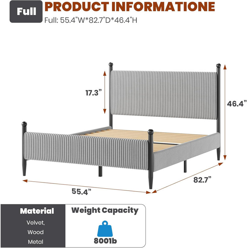 Full Size Upholstered Bed Frame with Velvet Headboard, Soft Corduroy Fabric Platform with Wooden Slats Support & Heavy Duty Feet, No Box Spring Needed, Noise Free, Easy Assembly, Grey