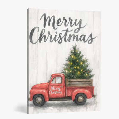 Red Christmas Truck Framed Canvas Wall Art Decor, Farmhouse Rustic Christmas Tree Holiday Winter Posters Prints Wall Decor For Home Bedroom Living Room, 11X14 Inch