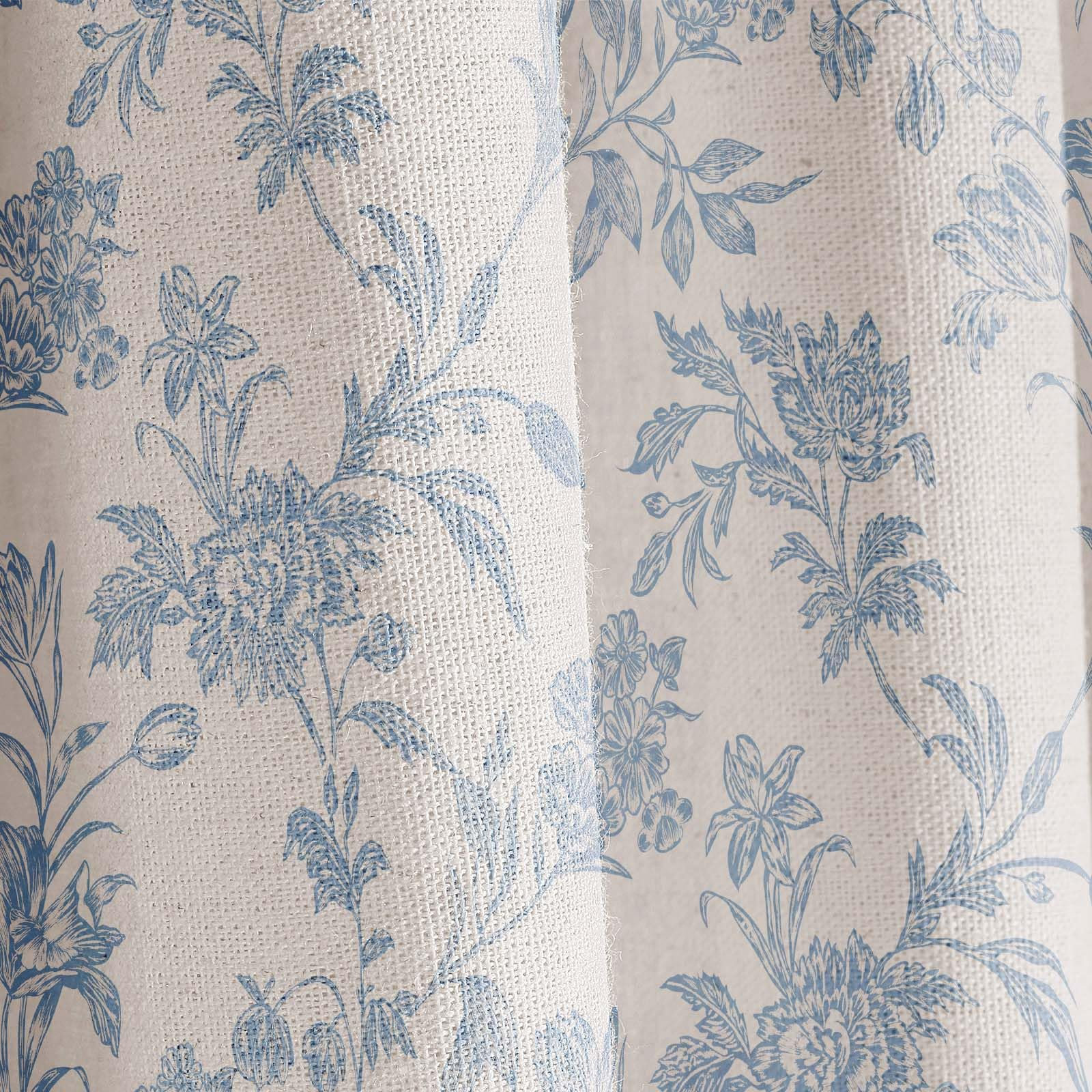 Blue Shower Curtain Floral Cotton Linen Cottagecore Shower Curtain