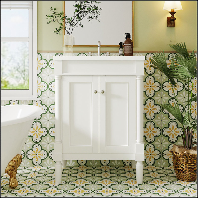Meuble-lavabo moderne de 24 po avec lavabo supérieur, rangement à 2 niveaux, lavabo simple et grandes tablettes pour une organisation améliorée