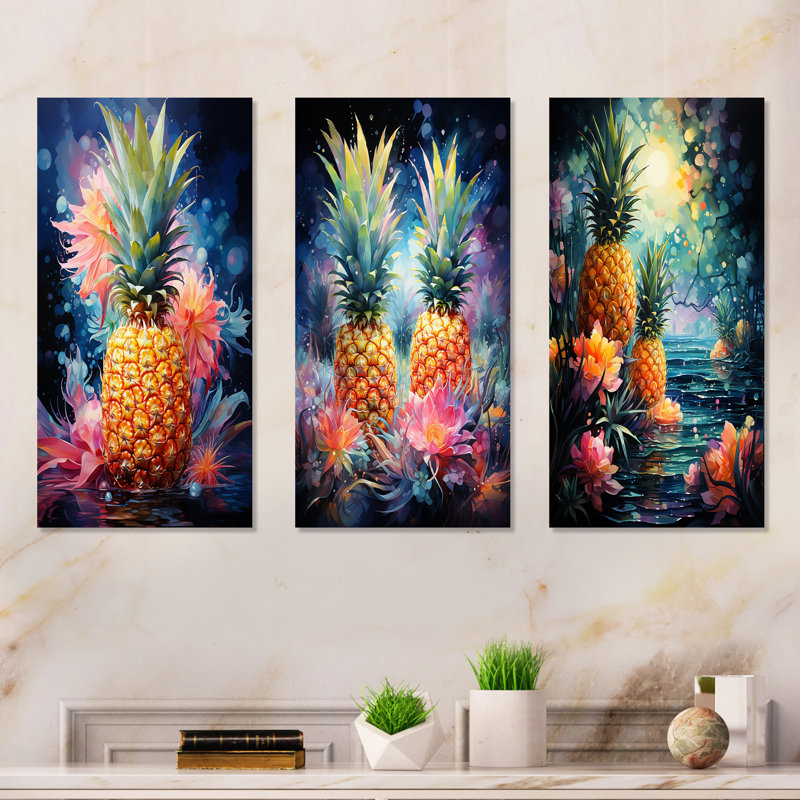 Vert et jaune, ananas cosmique I - ensemble de 3 ananas en métal, H 32 po x l 48 po