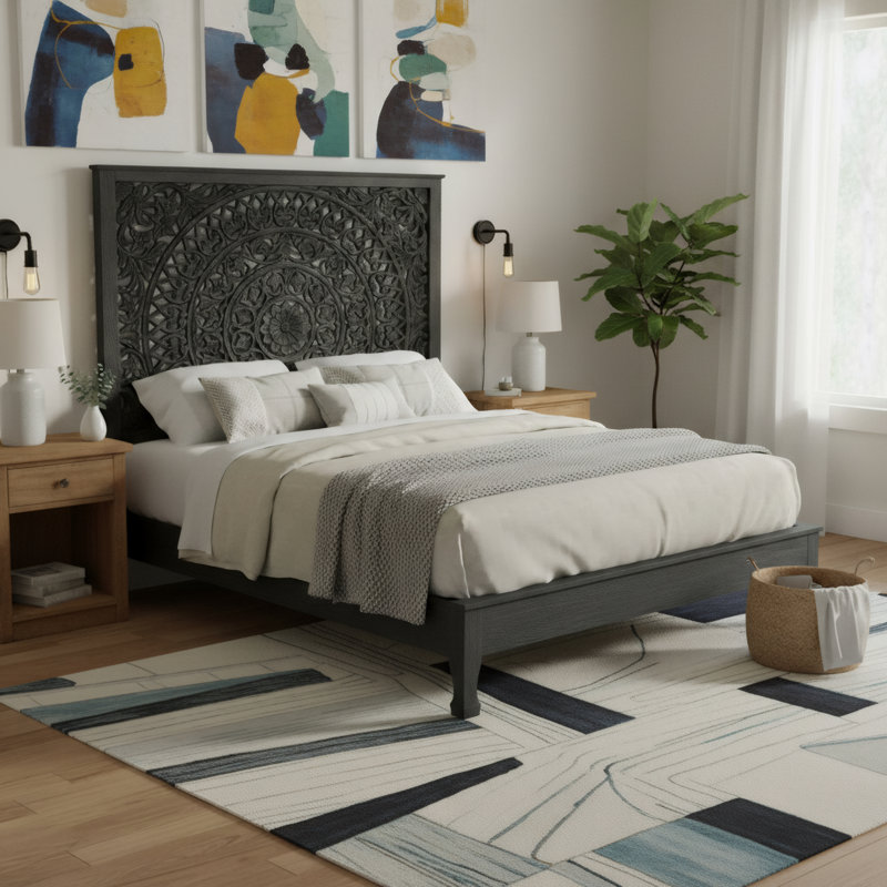 Aarohi Solid Wood Low Profile Standard Bed, Black, King