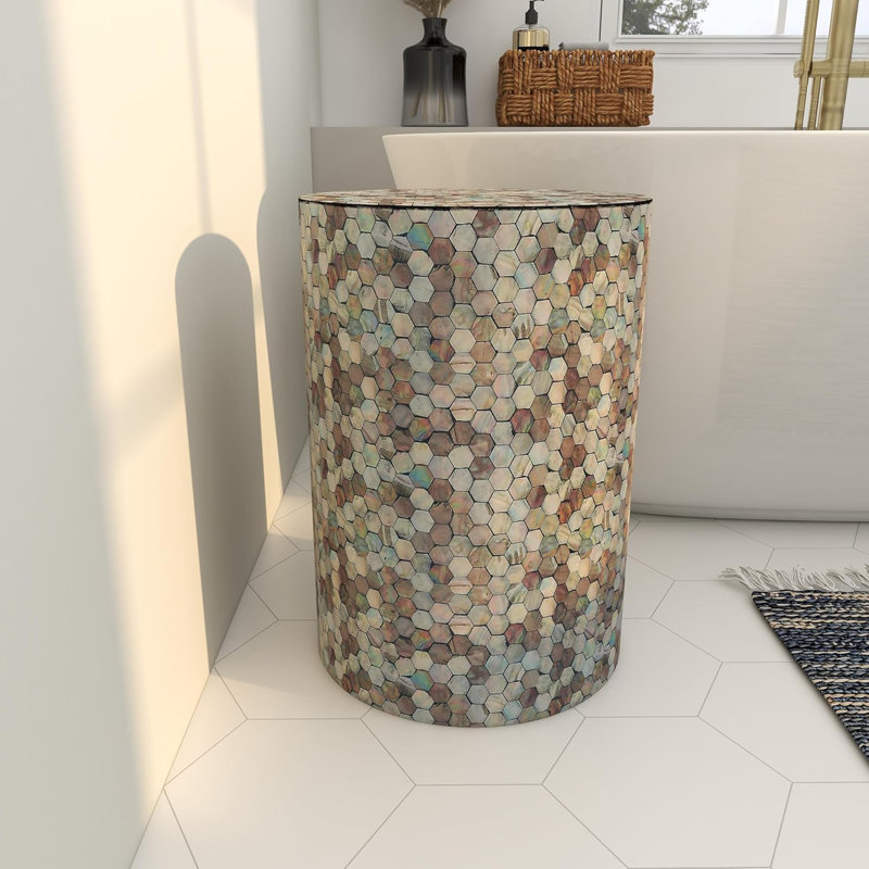 Handmade Mother Of Pearl Shell Geometric Mosaic Accent Table, Contemporary Side End Table