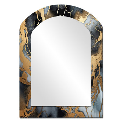 Gold and grey marble glimmering galaxies III - Fractal Asymmetrical Mirror, Gold Arch Decorative Wall Mirror, Printed Metal Art