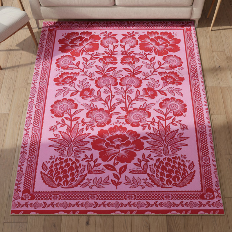 Pink Themed Floral Motifs Rose Patterned Vintage Decorative Carpet, Round 5'