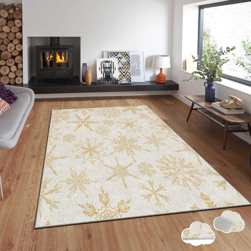 Tapis rectangulaire tissé à la machine en polyester or / blanc, Rectangle 2 pi 7 po x 4 pi 7 po