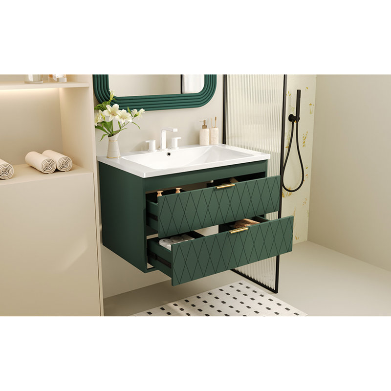 Meuble-lavabo mural 30 po avec lavabo en résine, armoire de rangement flottante avec 2 tiroirs, armoire de salle de bain en bois massif