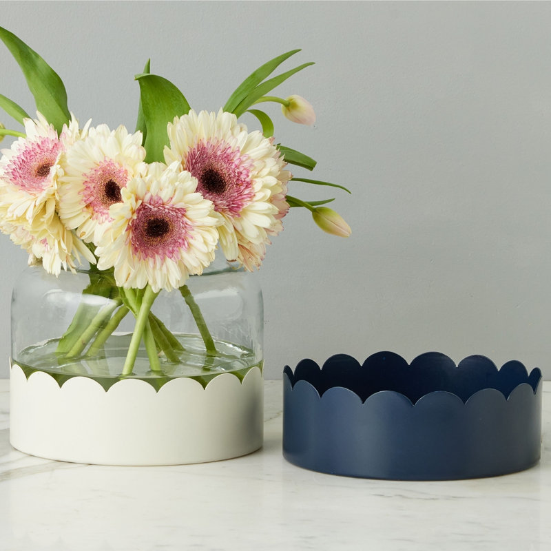 2-in-1 Scalloped Bloom Vase, White/Navy Blue