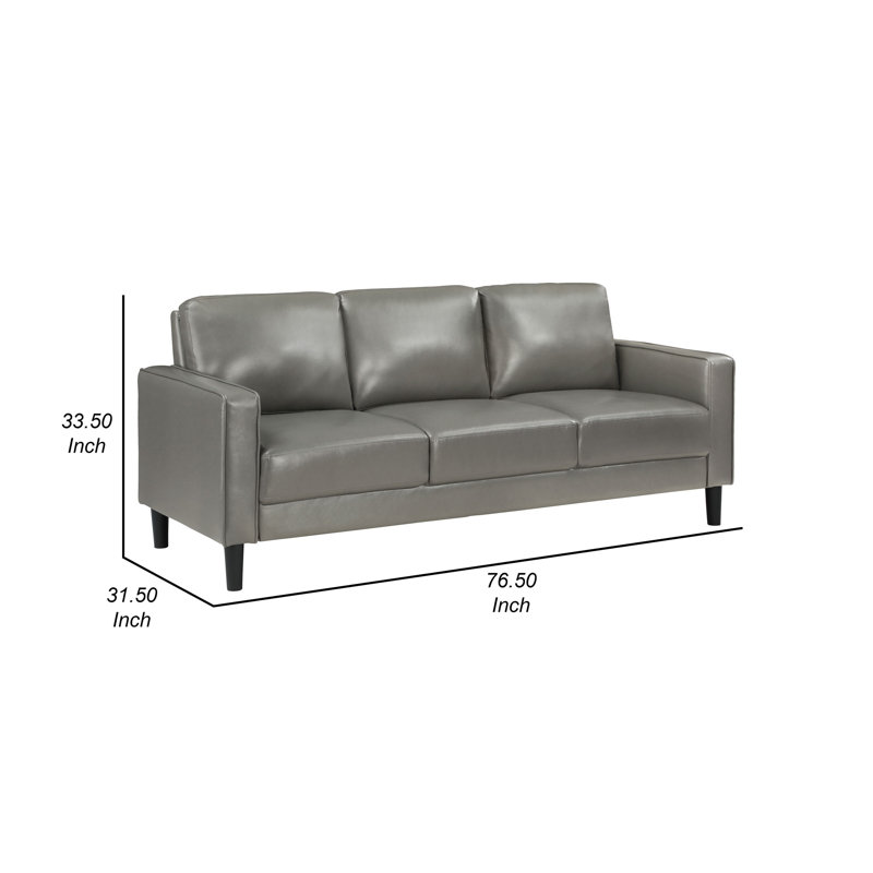 Rumi Sofa, Faux Leather, Modern Track Arms, Foam Cushions, 77 Inch, Rumi Gray/Black Faux Leather