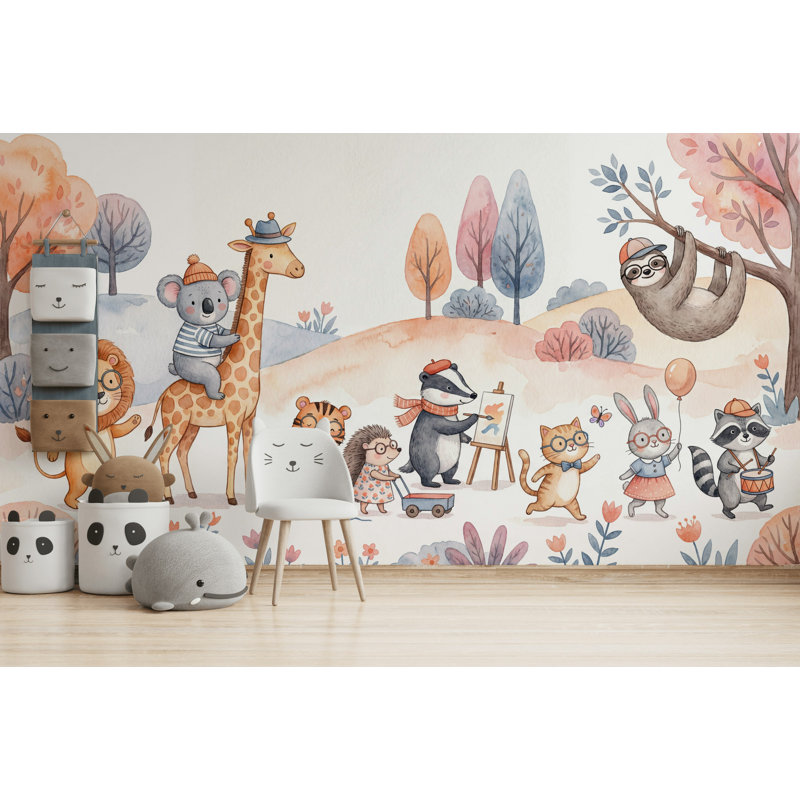 Papier peint fantaisiste Playful Animals, 100 po x 96 po, Non tissé non collé