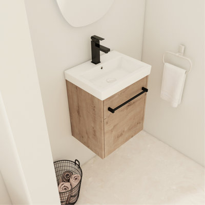 Meuble-lavabo mural de 18 po pour les petites salles de bain, lavabo en céramique, portes à fermeture en douceur, lavabo à finition lisse, poignée en métal, fabrication flottante en contreplaqué
