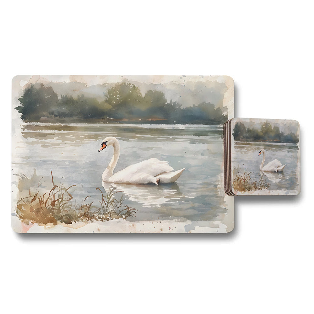 Swan Lake Watercolor Placemat And Coaster Set For Dining