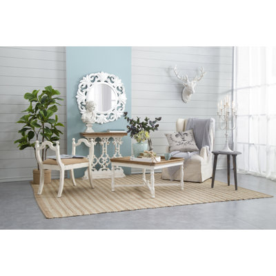 Console de 32 po avec plateau en bois brun et base rétro blanchie à la chaux, comptoir additionnel blanc 31,9 po x 11,8 po, pièce décorative