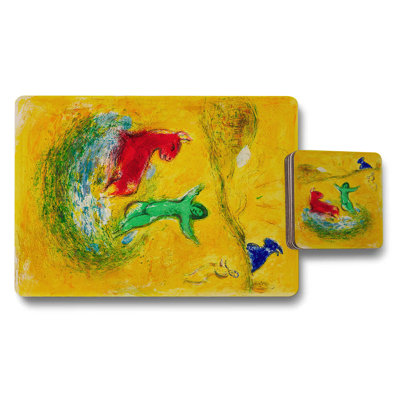 Placemat Coaster Set Abstract Designer Artwork Yellow With Wood Bottom Limited Edition