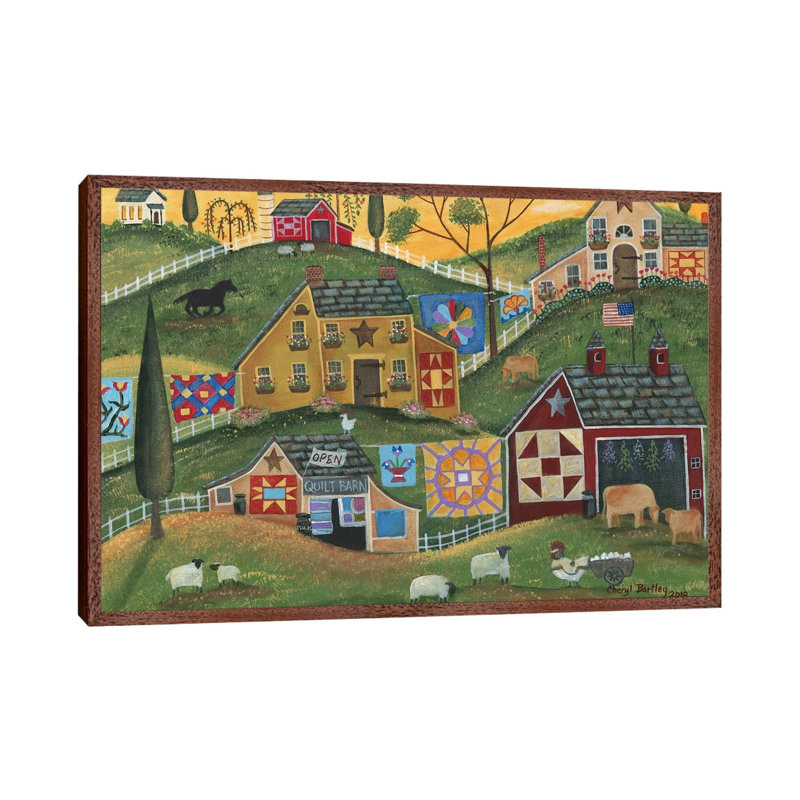 Country Quilt Barn by Cheryl Bartley - Painting on Canvas, 66.04cm H x 101.6cm W x 3.81cm D, Classic Brown Wood Framed Canvas