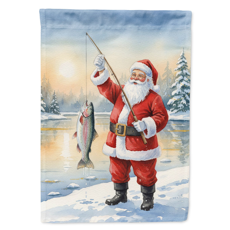Pêche, père Noël avec truite arc-en-ciel, drapeau de la maison de Noël, House Size