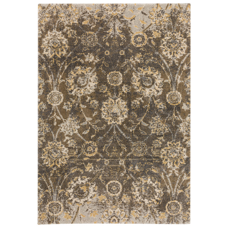 Tapis brun / gris à motif floral Mekhage, Rectangle 9 pi 10 po x 13 pi 2 po